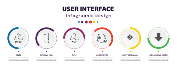 user interface infographic element with icons and 6 step or option. user interface icons such as 1 pete, mechanic tool, 3 pvc, job transition, curvy road ahead, big download arrow vector. can be