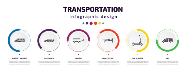 transportation infographic element with icons and 6 step or option. transportation icons such as airport shuttle, hatchback, wagon, crop duster, kick scooter, van vector. can be used for banner,
