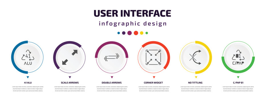 user interface infographic element with icons and 6 step or option. user interface icons such as 41 alu, scale arrows, double arrows, corner widget, no tittling, c/pap 81 vector. can be used for
