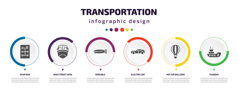 Transportation Infographic Element With Icons And 6 Step Or Option. Transportation Icons Such As Gear Box, Boat Front View, Dirigible, Electro Car, Hot Air Balloon, Tugboat Vector. Can Be Used For