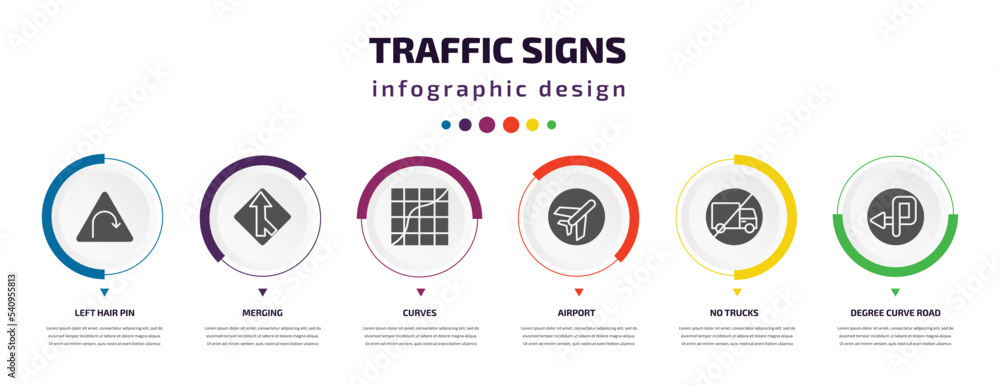Poster traffic signs infographic element with icons and 6 step or option. traffic signs icons such as left 