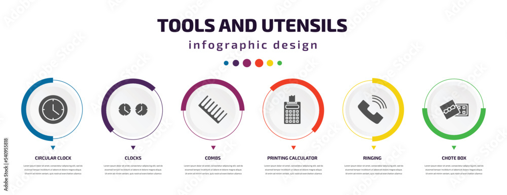 Poster tools and utensils infographic element with icons and 6 step or option. tools and utensils icons suc