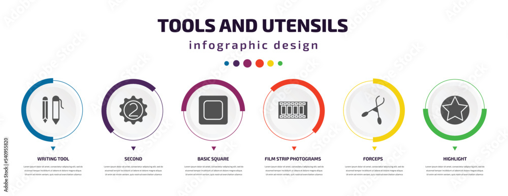 Poster tools and utensils infographic element with icons and 6 step or option. tools and utensils icons suc