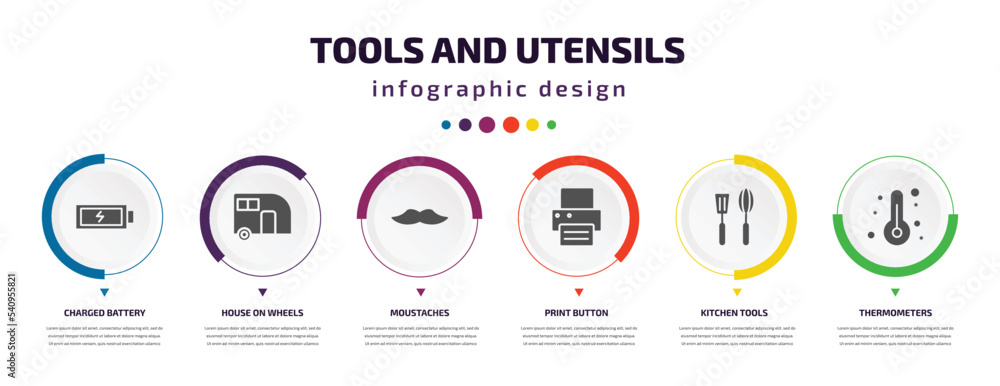 Poster tools and utensils infographic element with icons and 6 step or option. tools and utensils icons suc