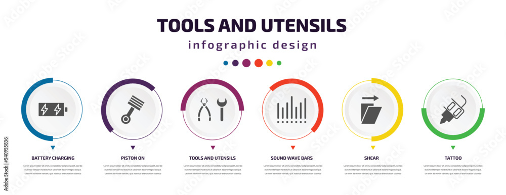 Poster tools and utensils infographic element with icons and 6 step or option. tools and utensils icons suc