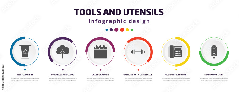 Poster tools and utensils infographic element with icons and 6 step or option. tools and utensils icons suc