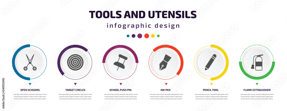 Poster tools and utensils infographic element with icons and 6 step or option. tools and utensils icons suc