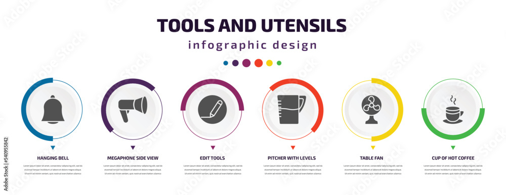 Poster tools and utensils infographic element with icons and 6 step or option. tools and utensils icons suc