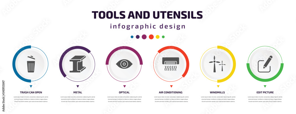Poster tools and utensils infographic element with icons and 6 step or option. tools and utensils icons suc
