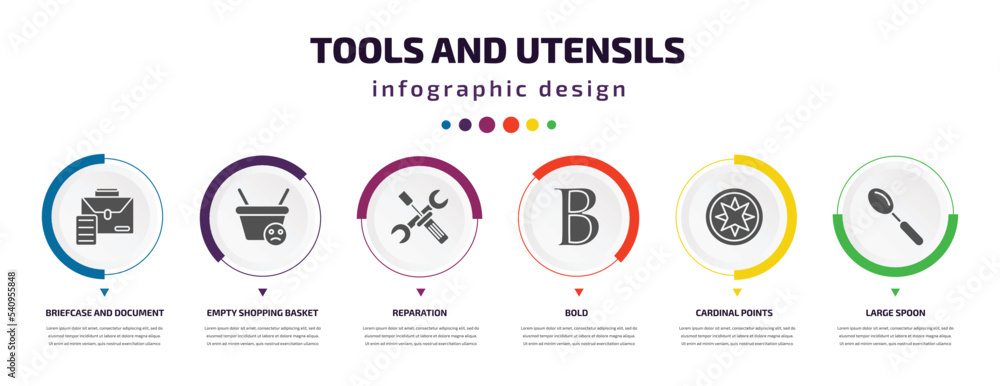 Poster tools and utensils infographic element with icons and 6 step or option. tools and utensils icons suc