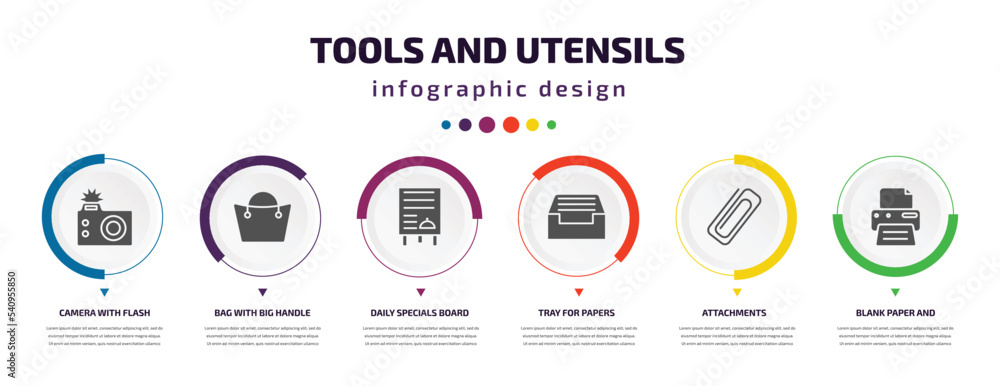 Poster tools and utensils infographic element with icons and 6 step or option. tools and utensils icons suc