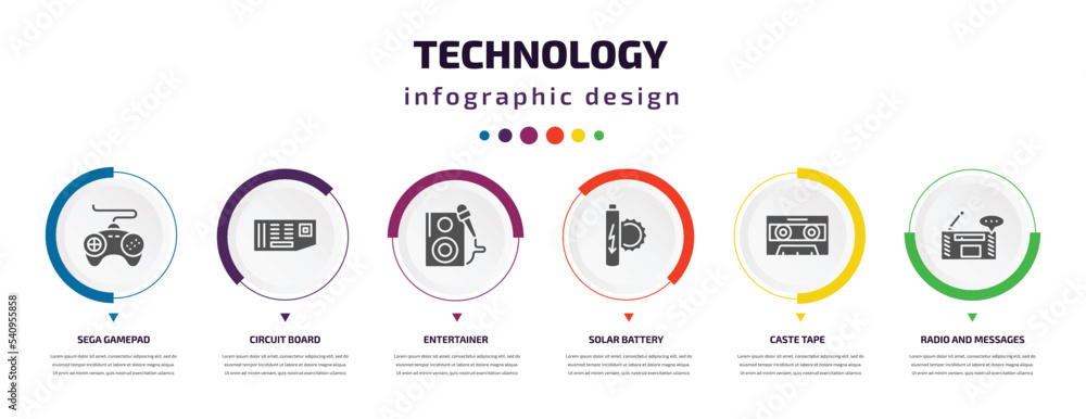 Poster technology infographic element with icons and 6 step or option. technology icons such as sega gamepa