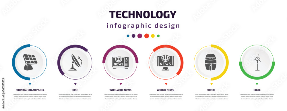 Poster technology infographic element with icons and 6 step or option. technology icons such as frontal sol