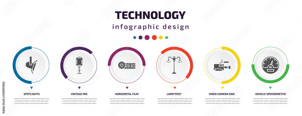 Poster technology infographic element with icons and 6 step or option. technology icons such as spotlights,