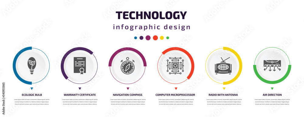 Poster technology infographic element with icons and 6 step or option. technology icons such as ecologic bu