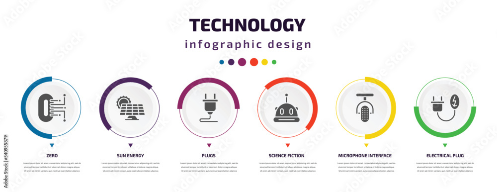 Poster technology infographic element with icons and 6 step or option. technology icons such as zero, sun e