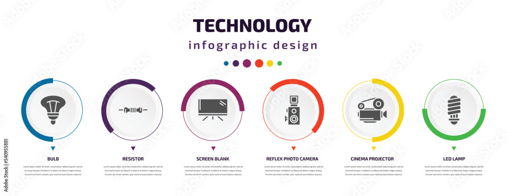 Poster technology infographic element with icons and 6 step or option. technology icons such as bulb, resis