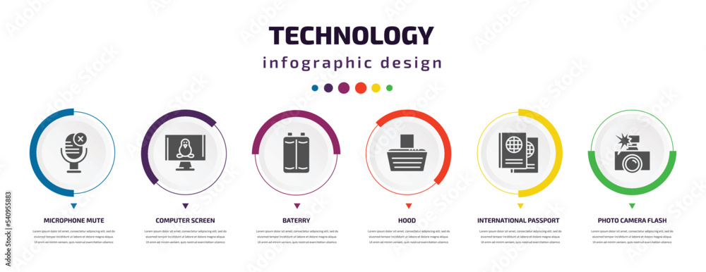 Poster technology infographic element with icons and 6 step or option. technology icons such as microphone 