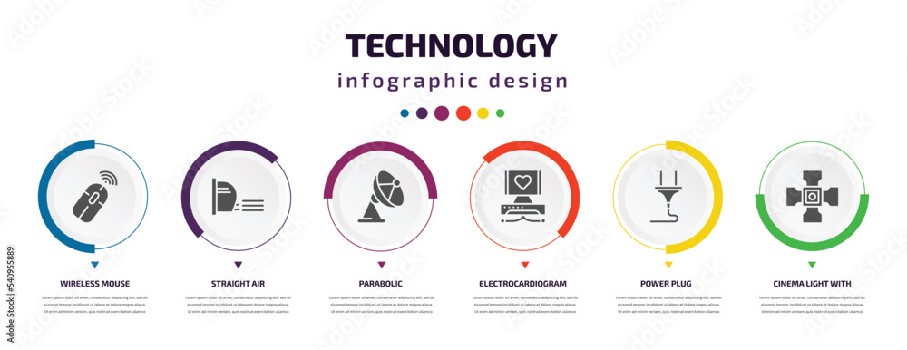 Poster technology infographic element with icons and 6 step or option. technology icons such as wireless mo