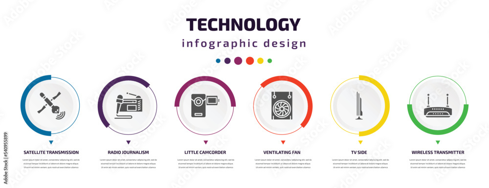Poster technology infographic element with icons and 6 step or option. technology icons such as satellite t