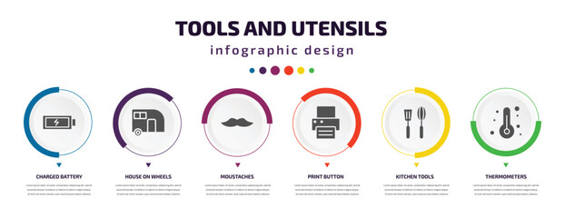 tools and utensils infographic element with icons and 6 step or option. tools and utensils icons such as charged battery, house on wheels, moustaches, print button, kitchen tools, thermometers