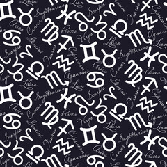 Pattern elements of the zodiac signs on a blue background with inscriptions in chaos. Repeating seamless pattern for printing on textiles and paper. From bed linen to flyers.