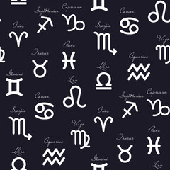 Elements of the zodiac signs on a blue background with inscriptions. Repeating seamless pattern for printing on textiles and paper. From bed linen to flyers.