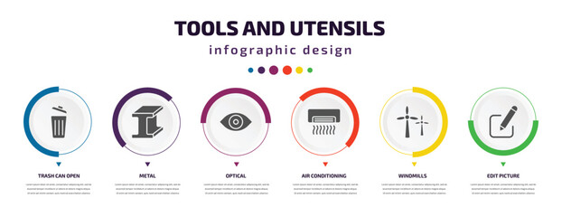 tools and utensils infographic element with icons and 6 step or option. tools and utensils icons such as trash can open, metal, optical, air conditioning, windmills, edit picture vector. can be used