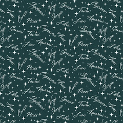 The pattern of the name of the zodiac signs on a blue background with stars. Repeating seamless pattern for printing on textiles and paper. From bed linen to flyers.