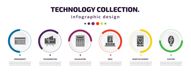 technology collection. infographic element with icons and 6 step or option. technology collection. icons such as spreadsheet, telemarketing, calculation, dock, heart in a screen, electric vector.