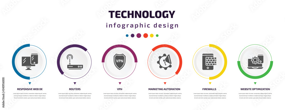 Poster technology infographic element with icons and 6 step or option. technology icons such as responsive 