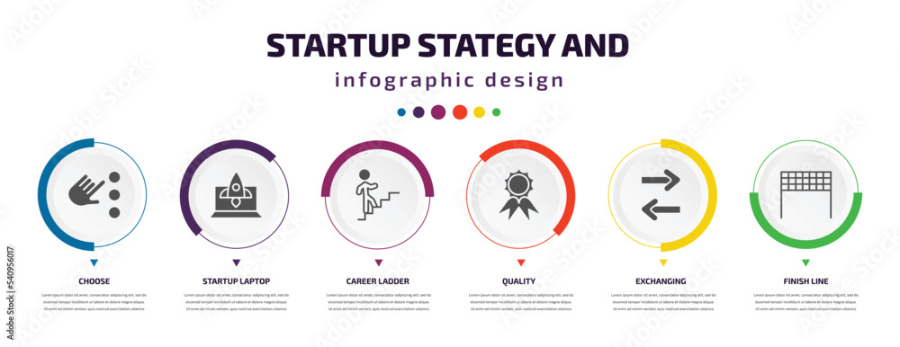 Aufkleber startup stategy and infographic element with icons and 6 step or option. startup stategy and icons s