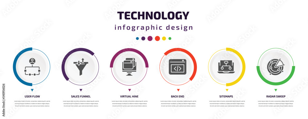 Poster technology infographic element with icons and 6 step or option. technology icons such as user flow, 