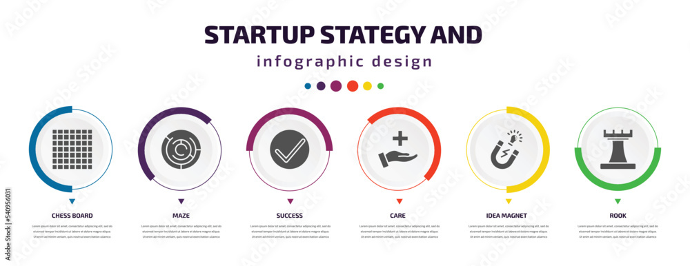 Aufkleber startup stategy and infographic element with icons and 6 step or option. startup stategy and icons s