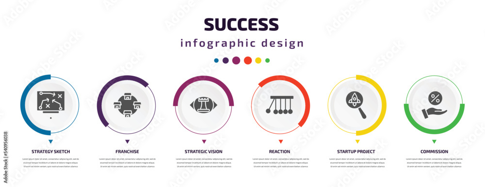 Poster success infographic element with icons and 6 step or option. success icons such as strategy sketch, 