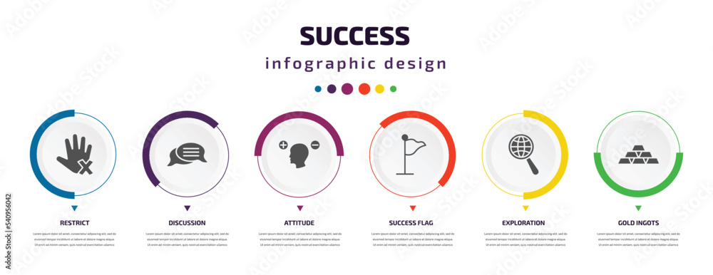 Poster success infographic element with icons and 6 step or option. success icons such as restrict, discuss