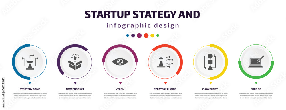 Poster startup stategy and infographic element with icons and 6 step or option. startup stategy and icons s