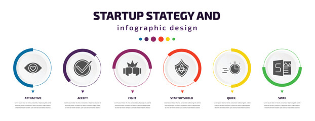 startup stategy and infographic element with icons and 6 step or option. startup stategy and icons such as attractive, accept, fight, startup shield, quick, sway vector. can be used for banner, info