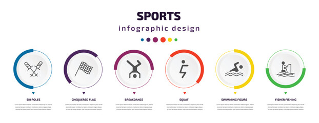 sports infographic element with icons and 6 step or option. sports icons such as ski poles, chequered flag, breakdance, squat, swimming figure, fisher fishing vector. can be used for banner, info