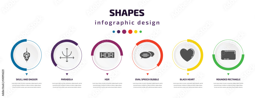 Aufkleber shapes infographic element with icons and 6 step or option. shapes icons such as skull and dagger, p