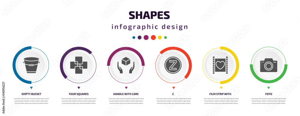 Poster shapes infographic element with icons and 6 step or option. shapes icons such as empty bucket, four 