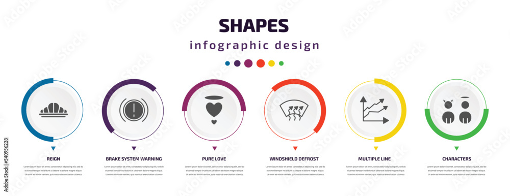 Poster shapes infographic element with icons and 6 step or option. shapes icons such as reign, brake system