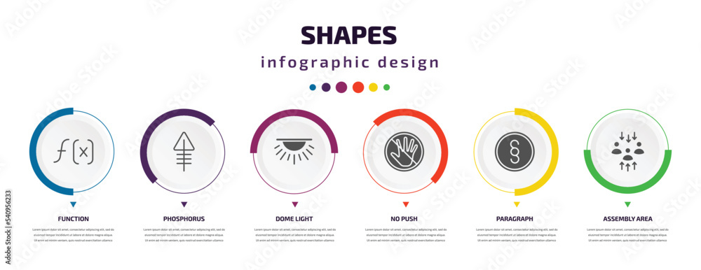 Poster shapes infographic element with icons and 6 step or option. shapes icons such as function, phosphoru