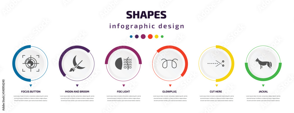 Poster shapes infographic element with icons and 6 step or option. shapes icons such as focus button, moon 