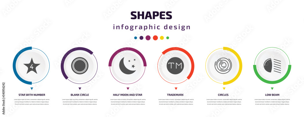 Aufkleber shapes infographic element with icons and 6 step or option. shapes icons such as star with number fo