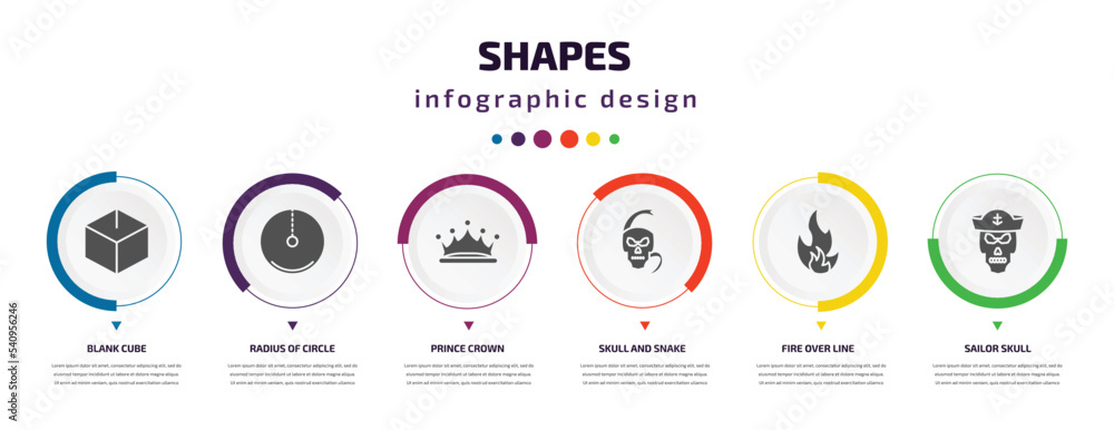 Poster shapes infographic element with icons and 6 step or option. shapes icons such as blank cube, radius 