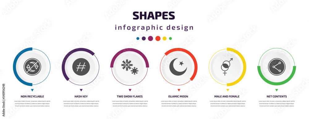 Poster shapes infographic element with icons and 6 step or option. shapes icons such as non recyclable, has