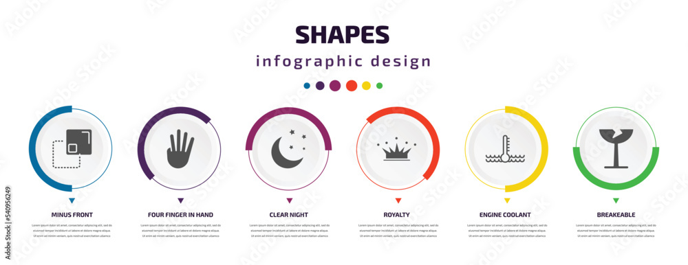 Poster shapes infographic element with icons and 6 step or option. shapes icons such as minus front, four f
