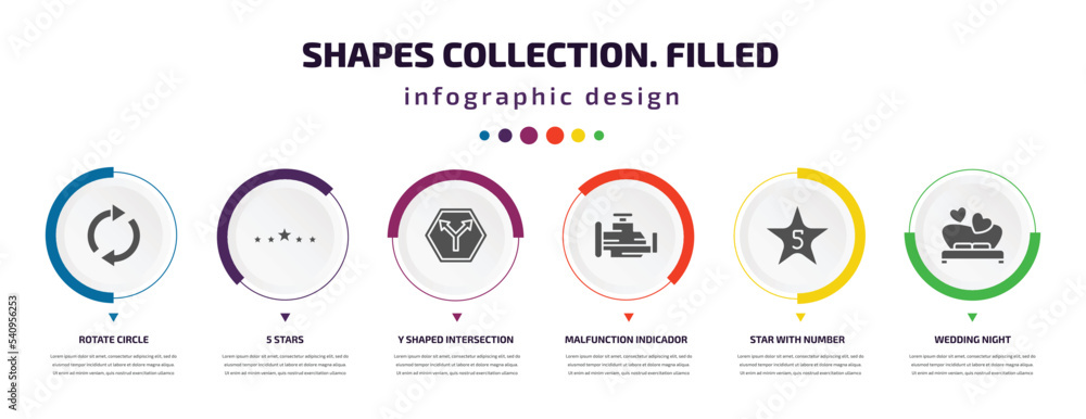 Poster shapes collection. filled infographic element with icons and 6 step or option. shapes collection. fi