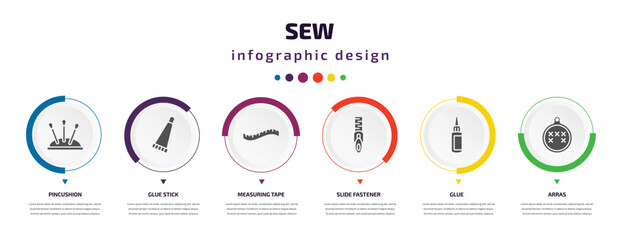 sew infographic element with icons and 6 step or option. sew icons such as pincushion, glue stick, measuring tape, slide fastener, glue, arras vector. can be used for banner, info graph, web, © Farahim